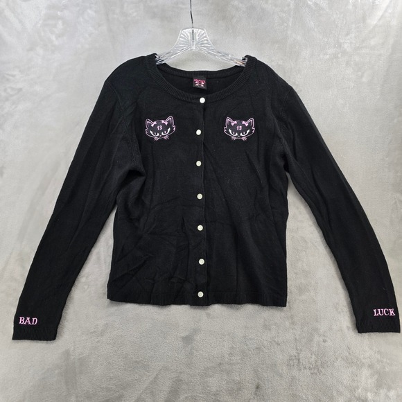 Lucky 13 Other - Lucky 13 Girls XL Cardigan Black Pink Cat Bad Luck Kitten Klub Sweater